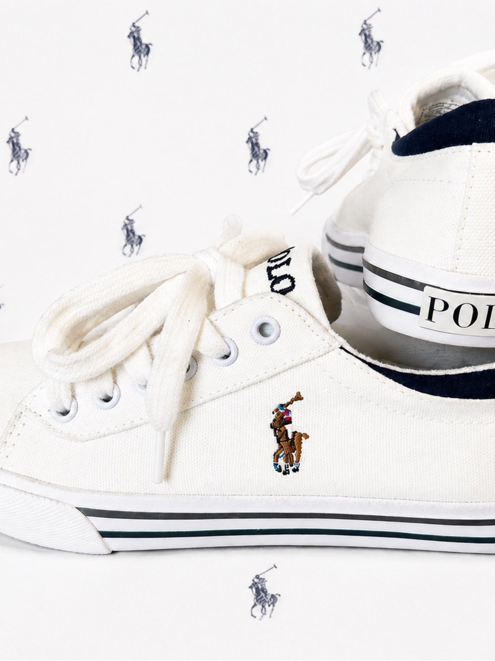 Ralph Lauren White Canvas Kids Sneakers with Navy Trim